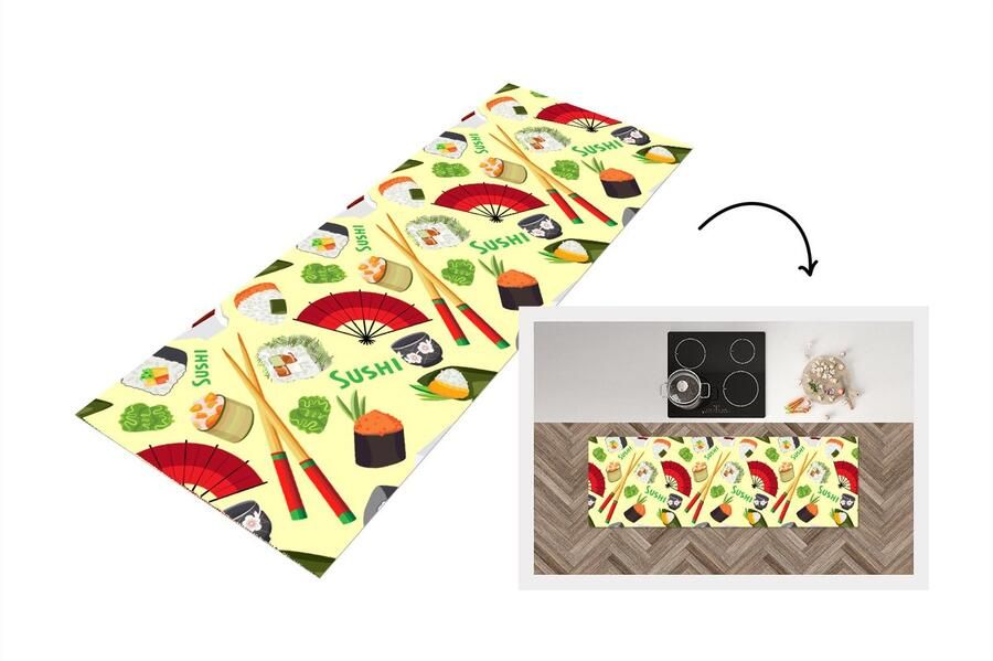 KitchenYeah Keukenloper Loper keuken Sushi Japan Patronen 180x60 cm Keukenloper vinyl