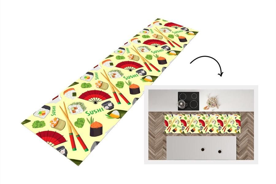 KitchenYeah Keukenloper Loper keuken Sushi Japan Patronen 240x60 cm Keukenloper vinyl
