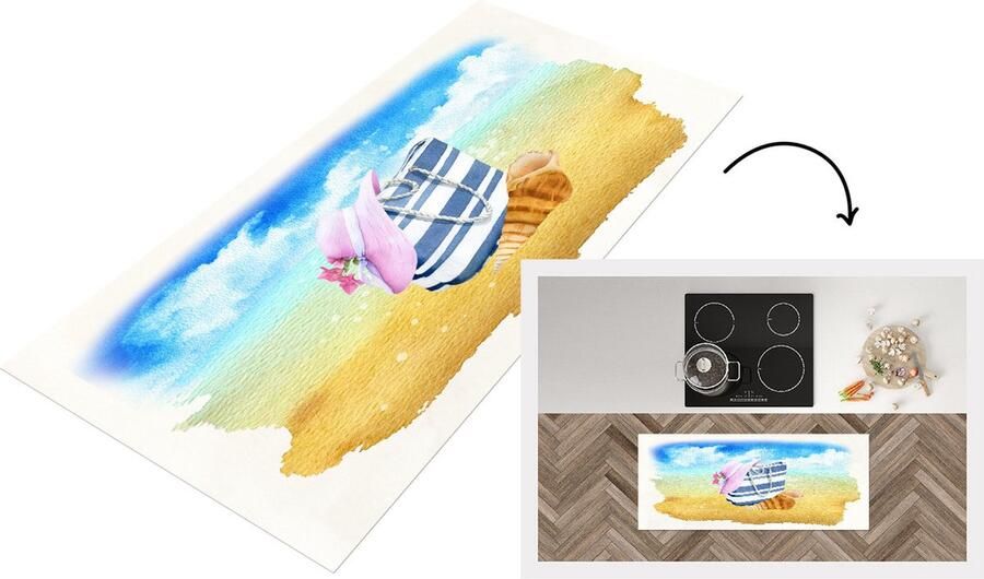 KitchenYeah Keukenloper Loper keuken Tas Hoed Schelp Zand 120x50 cm Keukenloper vinyl