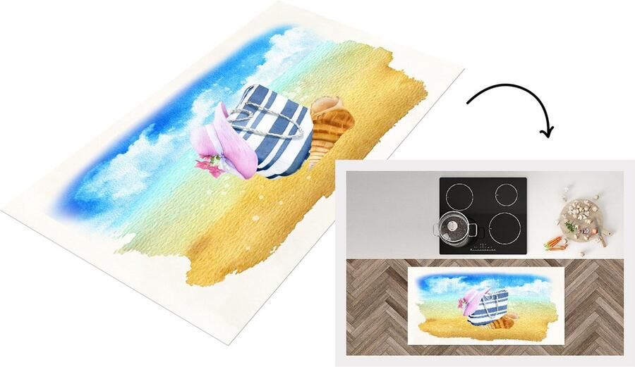 KitchenYeah Keukenloper Loper keuken Tas Hoed Schelp Zand 120x60 cm Keukenloper vinyl