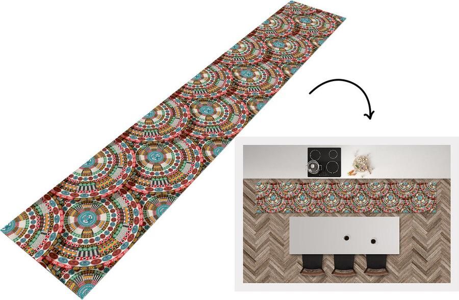 KitchenYeah Keukenloper Keukenmat Tegel Azteken Cirkels Patronen 360x60 cm Keuken vloerkleed