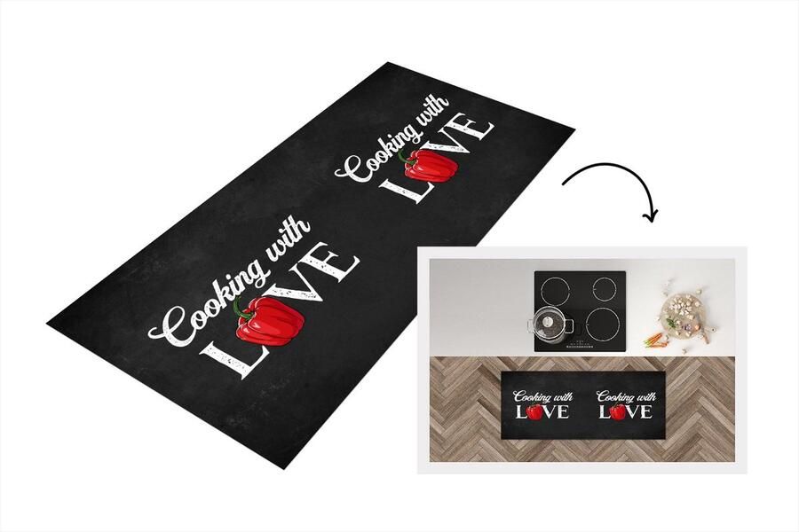 KitchenYeah Keukenloper Loper keuken Tekst Koken Keuken Paprika Cooking with love Liefde voor koken Spreuken 120x50 cm Keukenloper vinyl