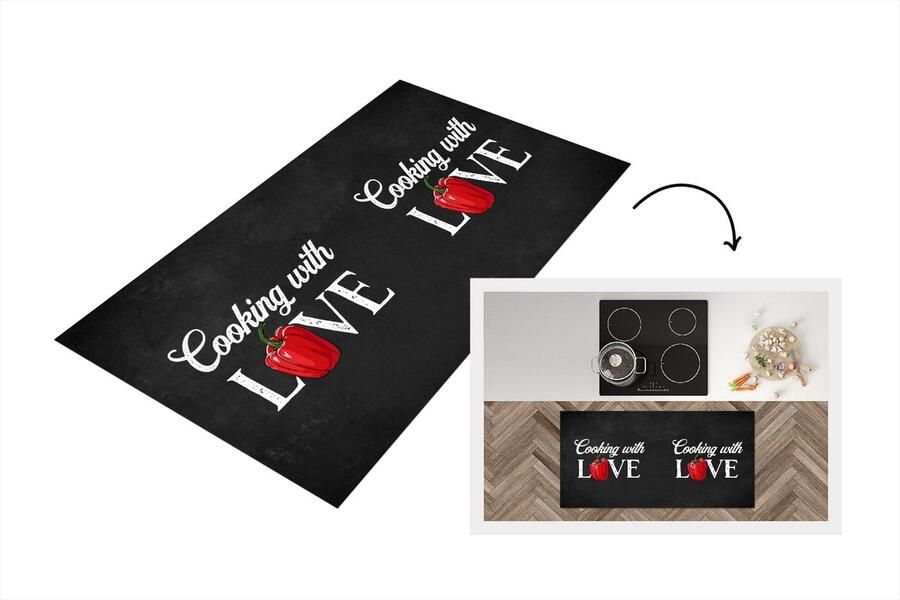KitchenYeah Keukenloper Loper keuken Tekst Koken Keuken Paprika Cooking with love Liefde voor koken Spreuken 120x60 cm Keukenloper vinyl