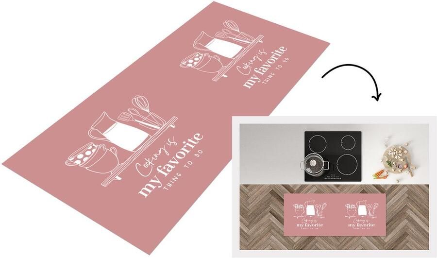 KitchenYeah Keukenloper Loper keuken Tekst Koken Roze Keuken Hobby Cooking is my favorite thing to do Spreuken 120x50 cm Keukenloper vinyl