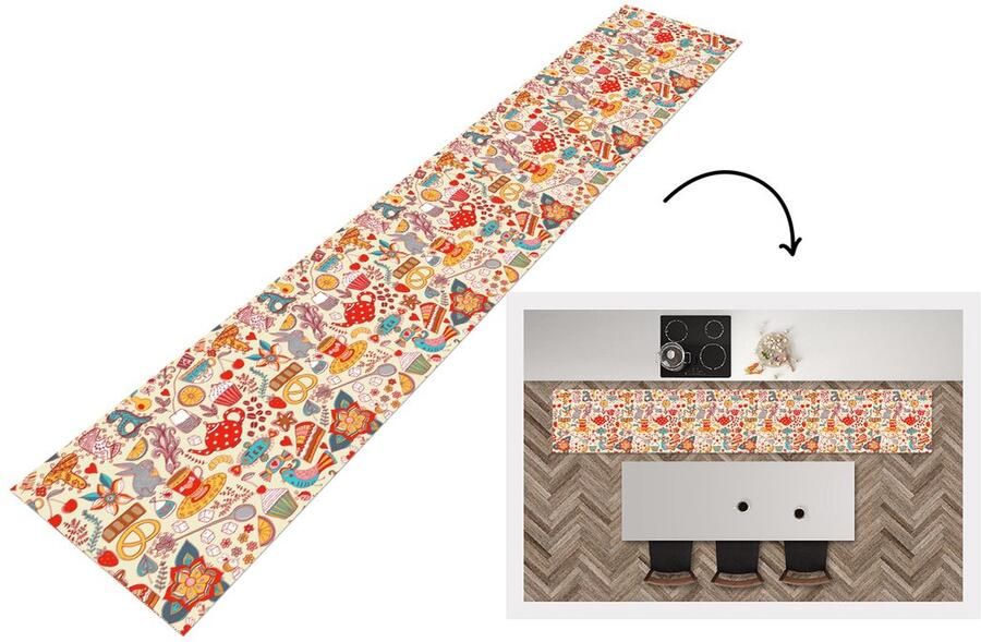 KitchenYeah Keukenloper Keukenmat Thee Dieren Snoepgoed Regenboog Patronen 360x60 cm Keuken vloerkleed