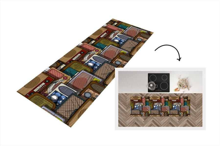 KitchenYeah Keukenloper Loper keuken Tieners Radio Patronen Retro 150x50 cm Keukenloper vinyl