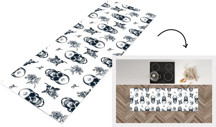 KitchenYeah Keukenloper Loper keuken Tieners Skull Bloemen Patronen 150x50 cm Keukenloper vinyl