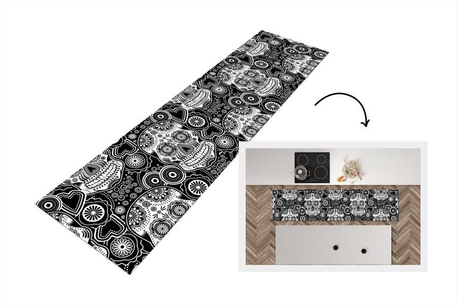 KitchenYeah Keukenloper Loper keuken Tieners Skull Bloemen Patronen 240x60 cm Keukenloper vinyl