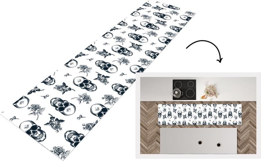 KitchenYeah Keukenloper Loper keuken Tieners Skull Bloemen Patronen 200x50 cm Keukenloper vinyl
