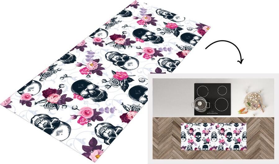 KitchenYeah Keukenloper Loper keuken Tieners Skull Roos Patronen 120x50 cm Keukenloper vinyl