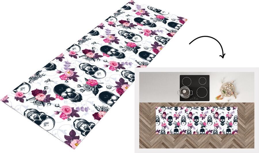 KitchenYeah Keukenloper Loper keuken Tieners Skull Roos Patronen 150x50 cm Keukenloper vinyl