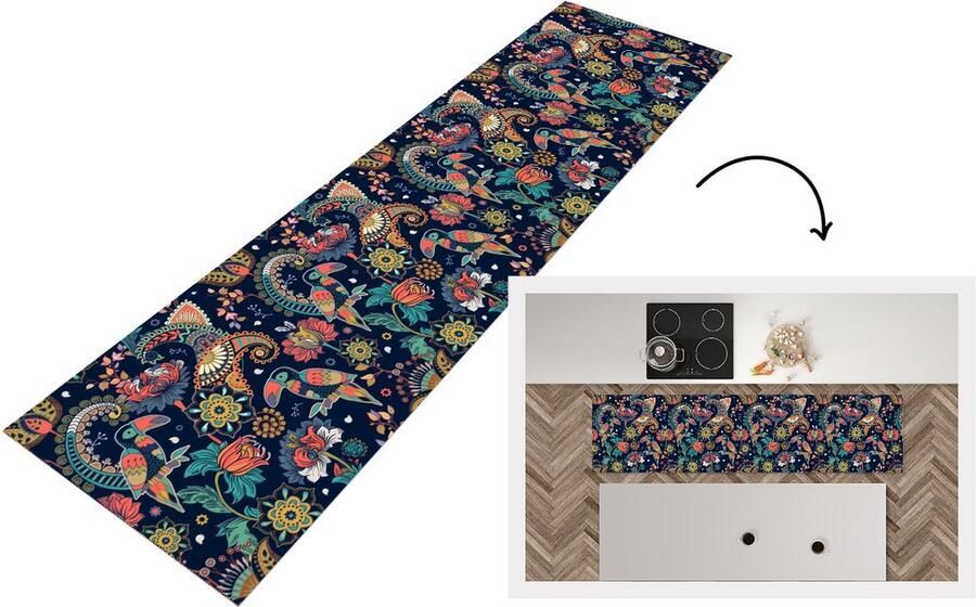 KitchenYeah Keukenloper Loper keuken Toekan Vogel Regenboog Jungle Patroon 200x50 cm Keukenloper vinyl
