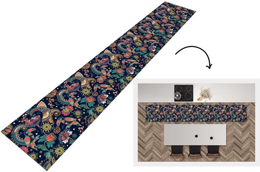 KitchenYeah Keukenloper Loper keuken Toekan Vogel Regenboog Jungle Patroon 300x50 cm Keukenloper vinyl