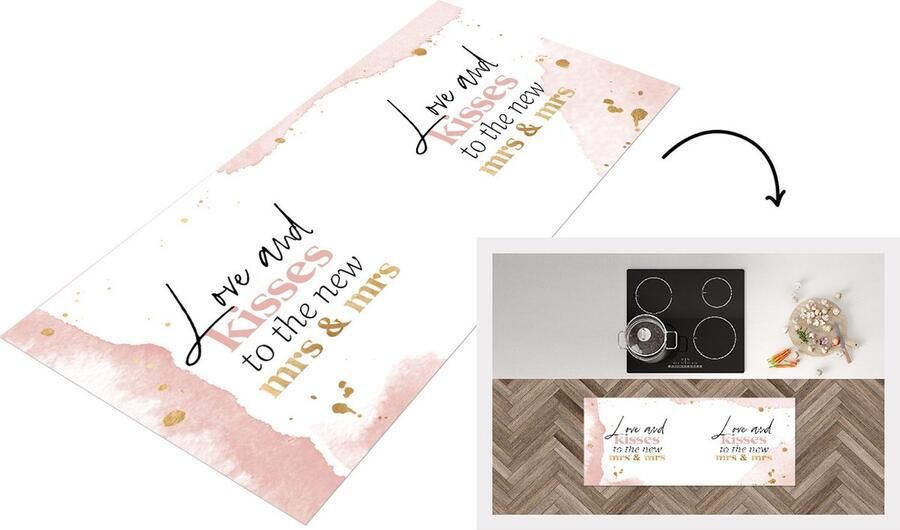 KitchenYeah Keukenloper Loper keuken Trouwen 'Love and kisses to the new Mrs & Mrs' Spreuken Quotes 120x50 cm Keukenloper vinyl