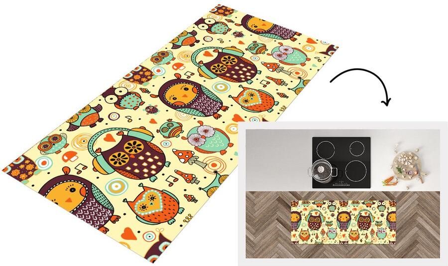 KitchenYeah Keukenloper Loper keuken Uil Koptelefoon Patroon 120x50 cm Keukenloper vinyl