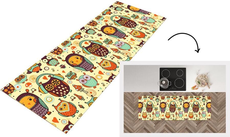 KitchenYeah Keukenloper Loper keuken Uil Koptelefoon Patroon 150x50 cm Keukenloper vinyl