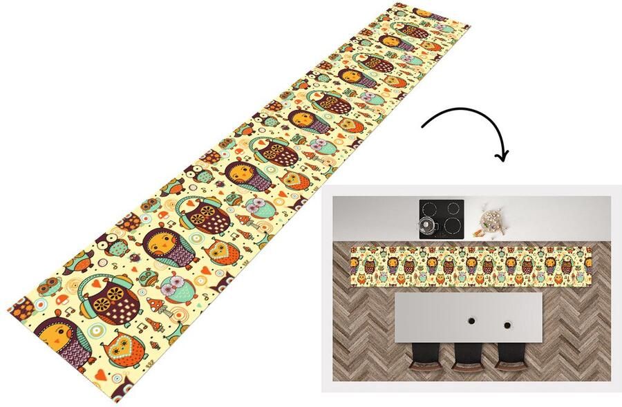 KitchenYeah Keukenloper Loper keuken Uil Koptelefoon Patroon 300x50 cm Keukenloper vinyl