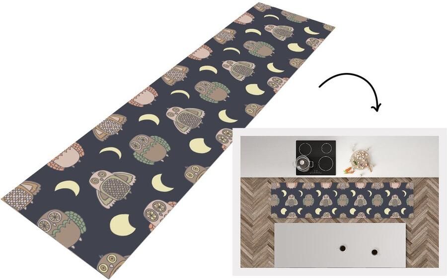 KitchenYeah Keukenloper Loper keuken Uil Patronen Maan 240x60 cm Keukenloper vinyl