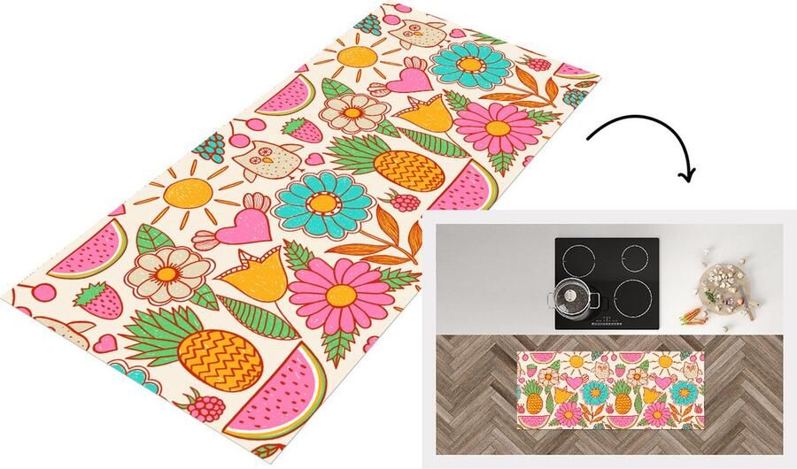 KitchenYeah Keukenloper Loper keuken Uil Regenboog Bloemen Kinderen Patroon 120x50 cm Keukenloper vinyl