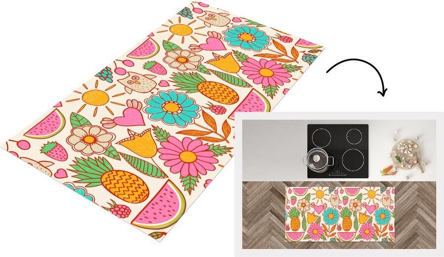 KitchenYeah Keukenloper Loper keuken Uil Regenboog Bloemen Kinderen Patroon 120x60 cm Keukenloper vinyl