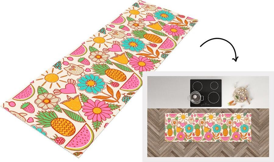 KitchenYeah Keukenloper Loper keuken Uil Regenboog Bloemen Kinderen Patroon 180x60 cm Keukenloper vinyl