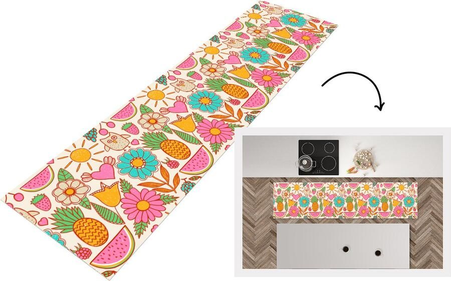 KitchenYeah Keukenloper Loper keuken Uil Regenboog Bloemen Kinderen Patroon 240x60 cm Keukenloper vinyl