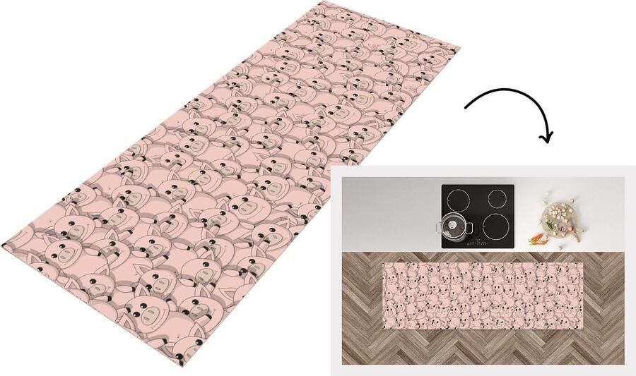 KitchenYeah Keukenloper Loper keuken Varkens Dieren Roze Patroon 180x60 cm Keukenloper vinyl