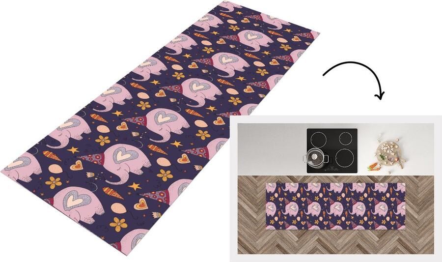 KitchenYeah Keukenloper Loper keuken Verjaardag Olifant Bloemen Patronen 180x60 cm Keukenloper vinyl