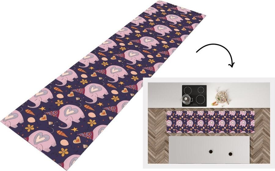 KitchenYeah Keukenloper Loper keuken Verjaardag Olifant Bloemen Patronen 200x50 cm Keukenloper vinyl