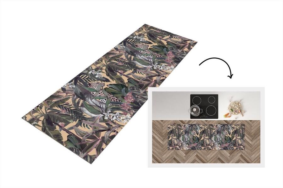 KitchenYeah Keukenloper Loper keuken Vintage Jungle Bladeren Panter Patronen 150x50 cm Keukenloper vinyl