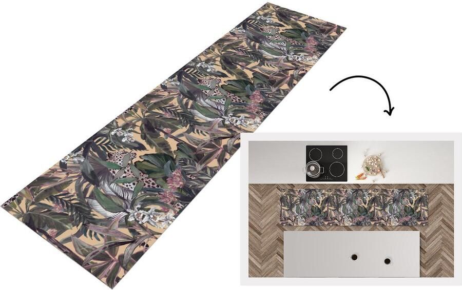 KitchenYeah Keukenloper Loper keuken Vintage Jungle Bladeren Panter Patronen 200x50 cm Keukenloper vinyl