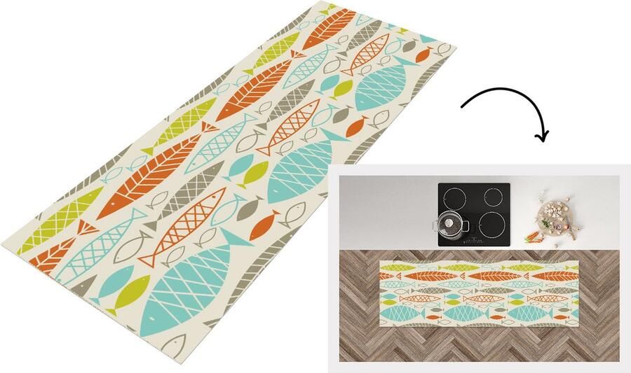 KitchenYeah Keukenloper Loper keuken Vis Jaren 50 Patroon 180x60 cm Keukenloper vinyl