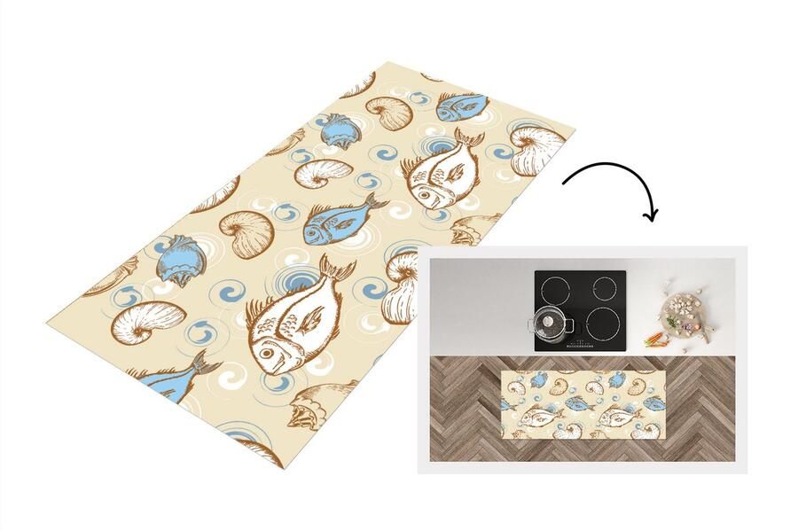 KitchenYeah Keukenloper Loper keuken Vis Schelpen Pastel Design Vintage 120x50 cm Keukenloper vinyl