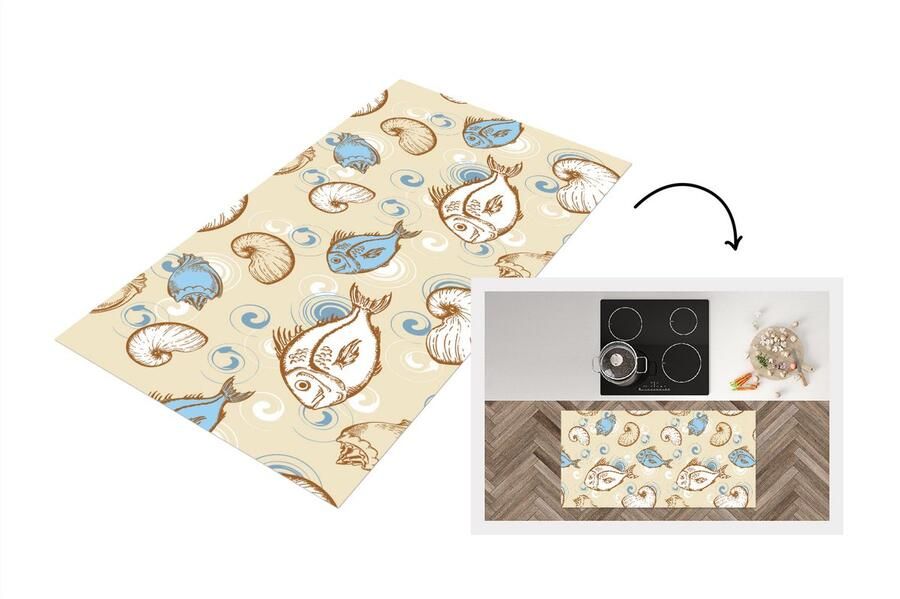 KitchenYeah Keukenloper Loper keuken Vis Schelpen Pastel Design Vintage 120x60 cm Keukenloper vinyl