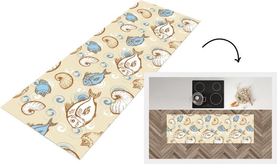 KitchenYeah Keukenloper Loper keuken Vis Schelpen Pastel Design Vintage 180x60 cm Keukenloper vinyl