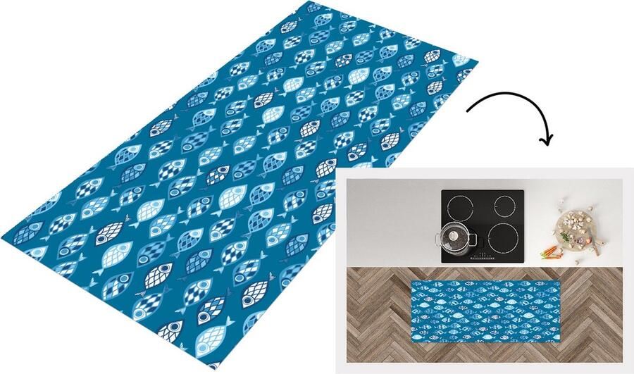 KitchenYeah Keukenloper Loper keuken Vissen Blauw Patronen 120x50 cm Keukenloper vinyl