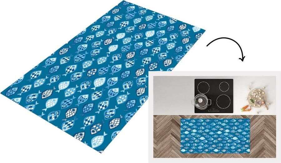 KitchenYeah Keukenloper Loper keuken Vissen Blauw Patronen 120x60 cm Keukenloper vinyl