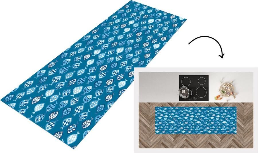 KitchenYeah Keukenloper Loper keuken Vissen Blauw Patronen 180x60 cm Keukenloper vinyl