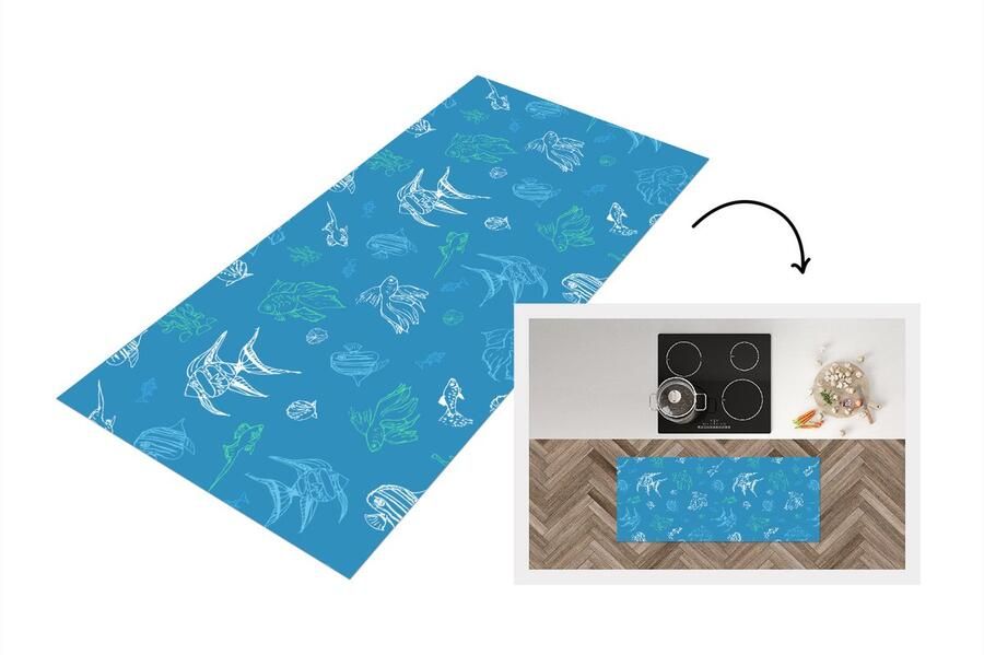 KitchenYeah Keukenloper Loper keuken Vissen Pastel Patronen Zee 120x50 cm Keukenloper vinyl