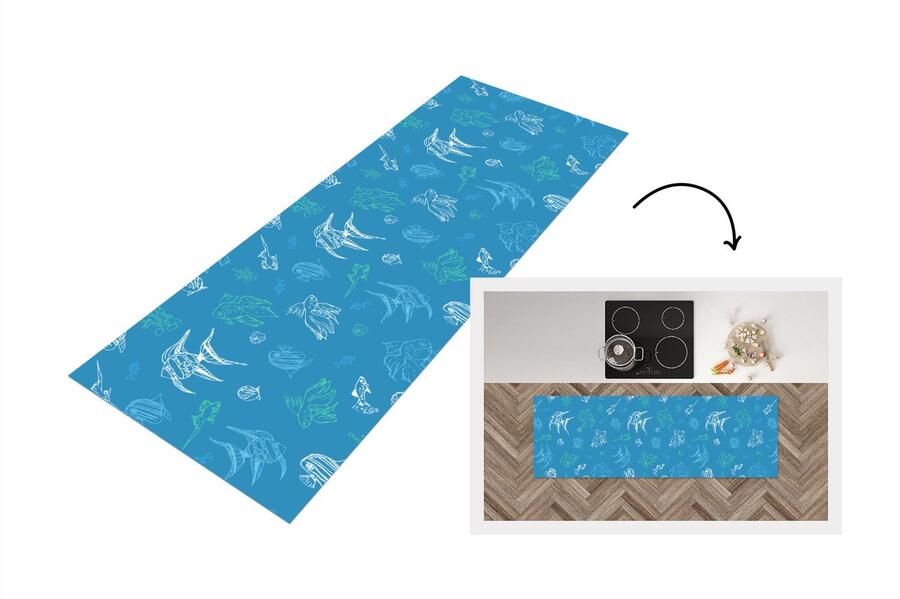 KitchenYeah Keukenloper Loper keuken Vissen Pastel Patronen Zee 150x50 cm Keukenloper vinyl