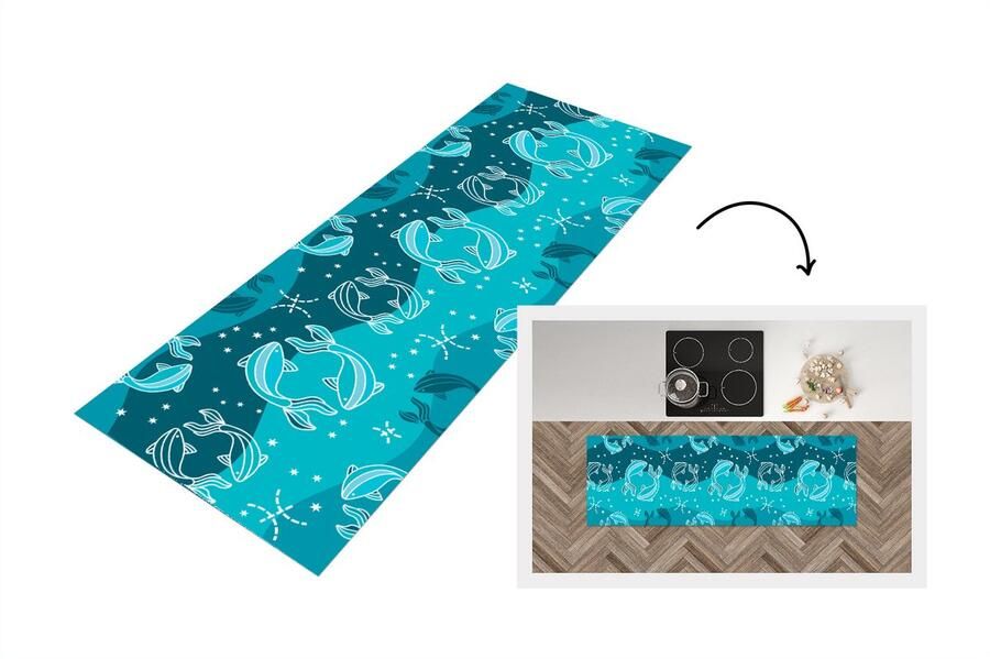 KitchenYeah Keukenloper Loper keuken Vissen Zodiac Design 180x60 cm Keukenloper vinyl