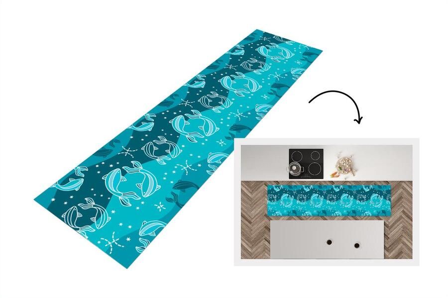 KitchenYeah Keukenloper Loper keuken Vissen Zodiac Design 240x60 cm Keukenloper vinyl