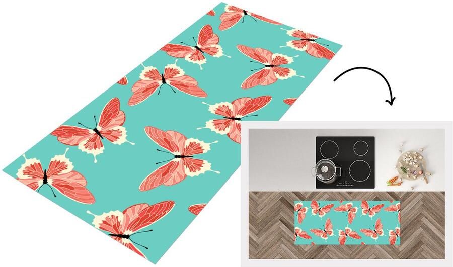 KitchenYeah Keukenloper Loper keuken Vlinders Roze Patroon 120x50 cm Keukenloper vinyl