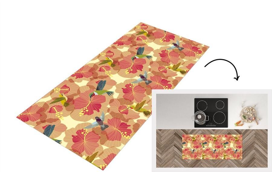 KitchenYeah Keukenloper Loper keuken Vogel Bloemen Patronen Kolibrie 120x50 cm Keukenloper vinyl