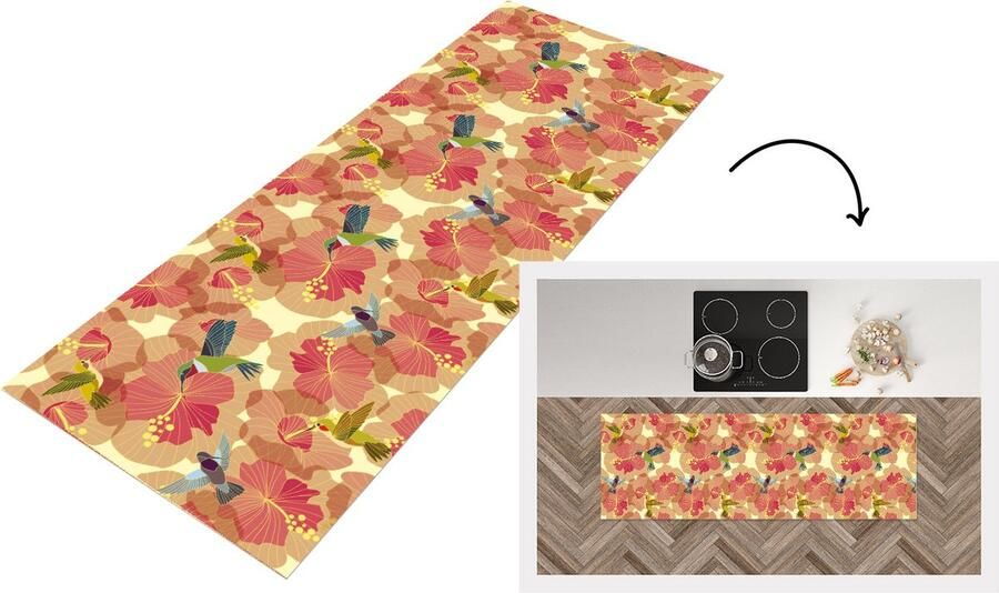 KitchenYeah Keukenloper Loper keuken Vogel Bloemen Patronen Kolibrie 150x50 cm Keukenloper vinyl