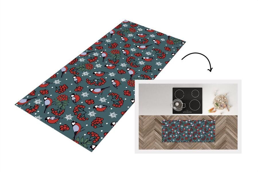 KitchenYeah Keukenloper Loper keuken Vogel Kerstmis Sneeuw Bes Patronen 120x50 cm Keukenloper vinyl