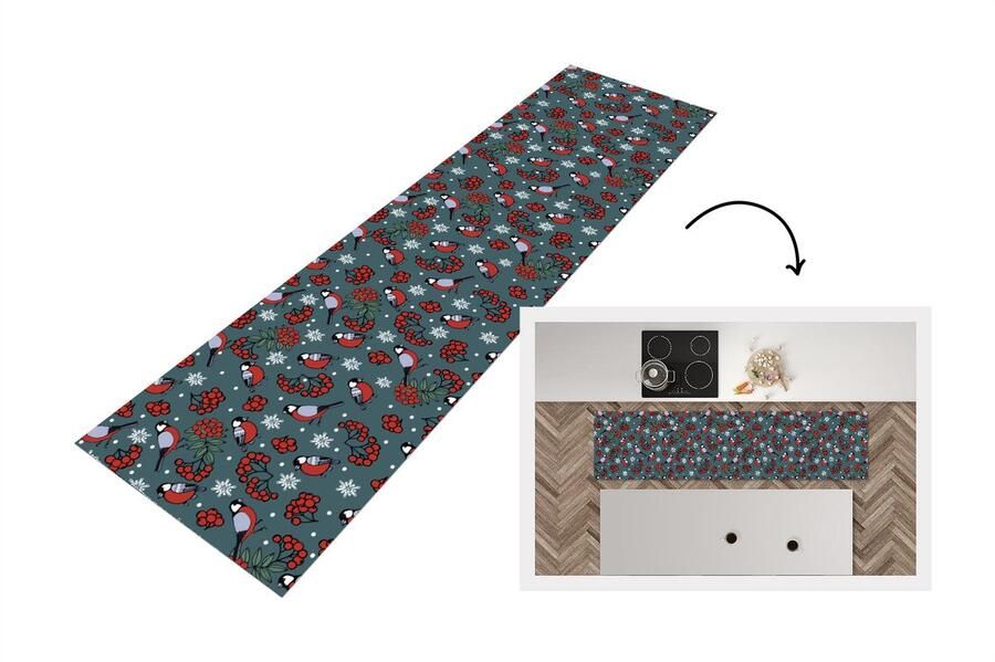 KitchenYeah Keukenloper Loper keuken Vogel Kerstmis Sneeuw Bes Patronen 200x50 cm Keukenloper vinyl