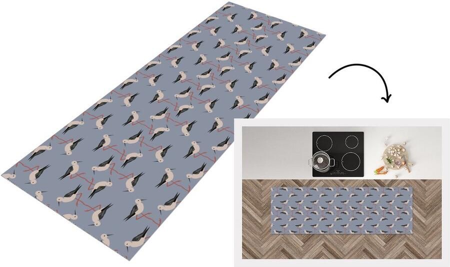 KitchenYeah Keukenloper Loper keuken Vogel Ooievaar Patroon 180x60 cm Keukenloper vinyl