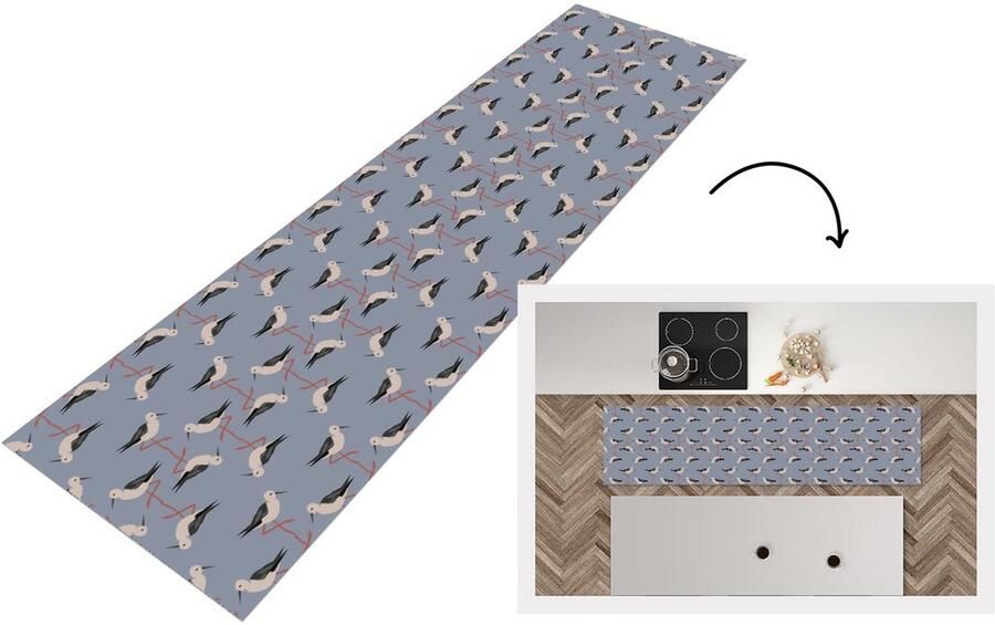 KitchenYeah Keukenloper Loper keuken Vogel Ooievaar Patroon 240x60 cm Keukenloper vinyl