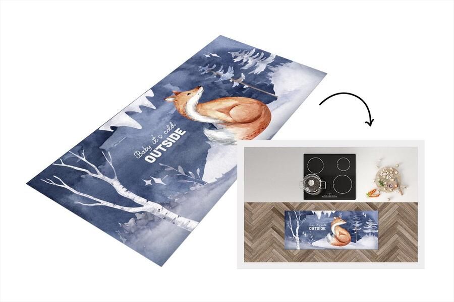 KitchenYeah Keukenloper Loper keuken Vos Winter Sneeuw 120x50 cm Keukenloper vinyl